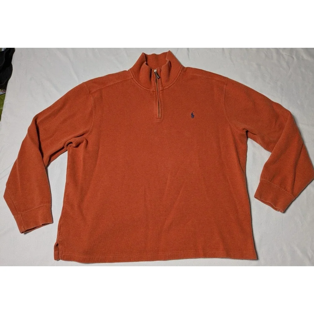 POLO RALPH LAUREN Men XL Blue Pony‎ 1/4 Zip Orange Cotton Pullover